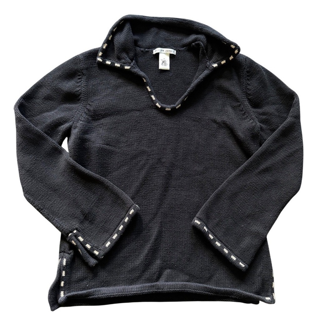 Jillian Jones Sweater Womens M Black Cotton Whipstitch Split Neck Australia